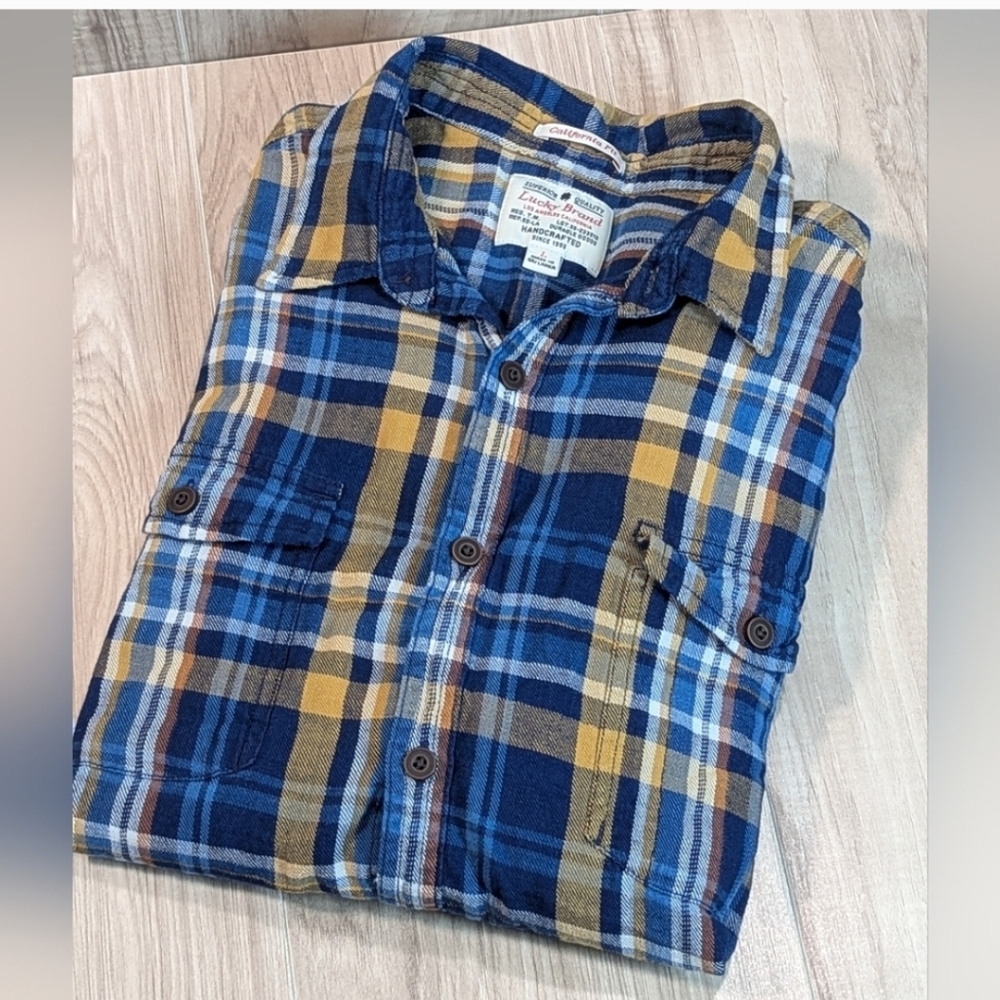 Mens Lucky Brand Flannel Shirt Size Large Blue Plaid California Fit